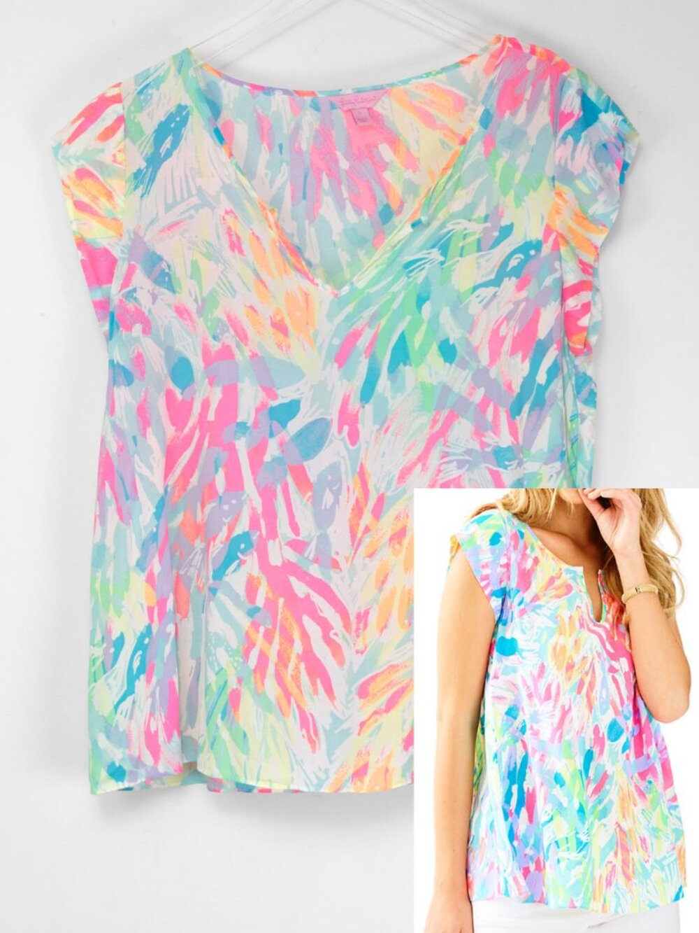 Lilly Pulitzer Shelley Top Sparkling Sands Cap Sleeve Pink Blue White Size Large